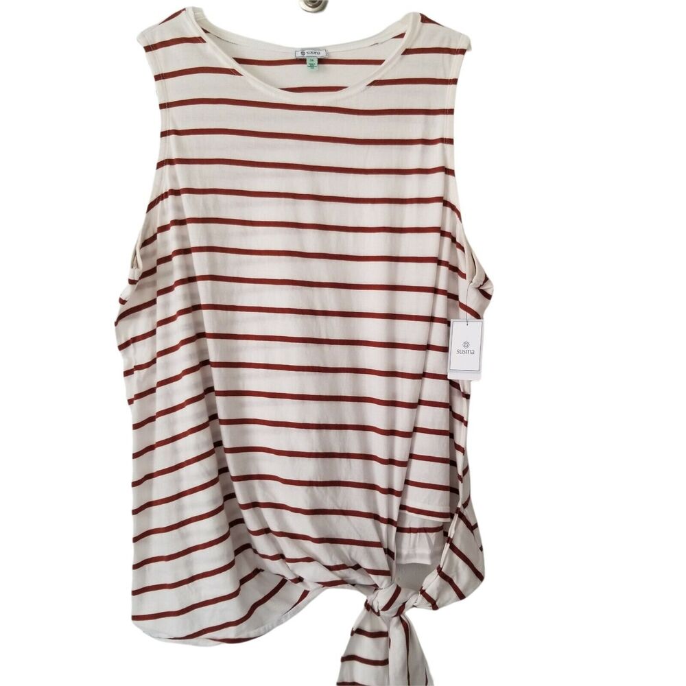 Susina Ivory & Rust Striped Brenna Tie Front Sleeveless T-Shirt Size 3X New‎